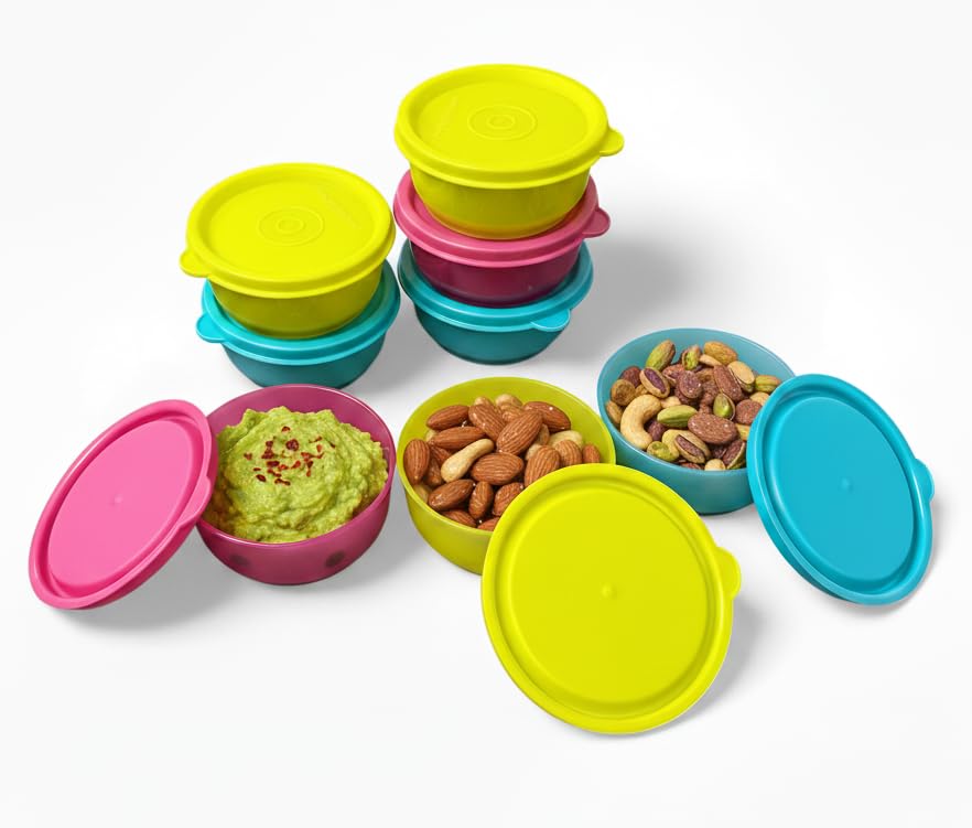 C.S.M Round Plastic Storage Containers, 100Ml, Set Of 8, Bpa Free, Airtight Kitchen Organiser For Spices, Chutneys, Dips, Pickle