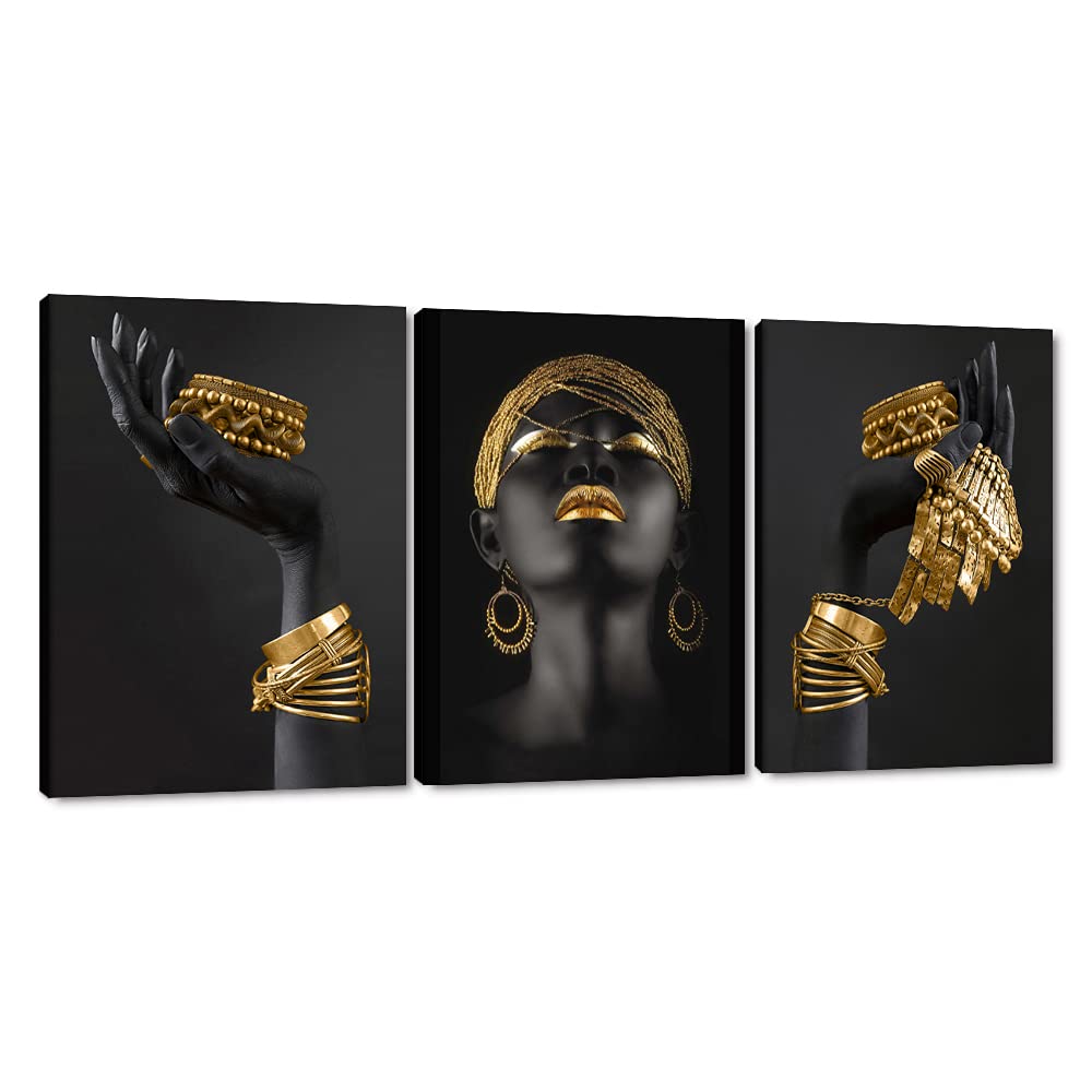 Mamago Canvas Wall Art Painting African Woman Pictures Modern Gold Black Woman Holding Gold Jewelry Posters Prints Artwork Home