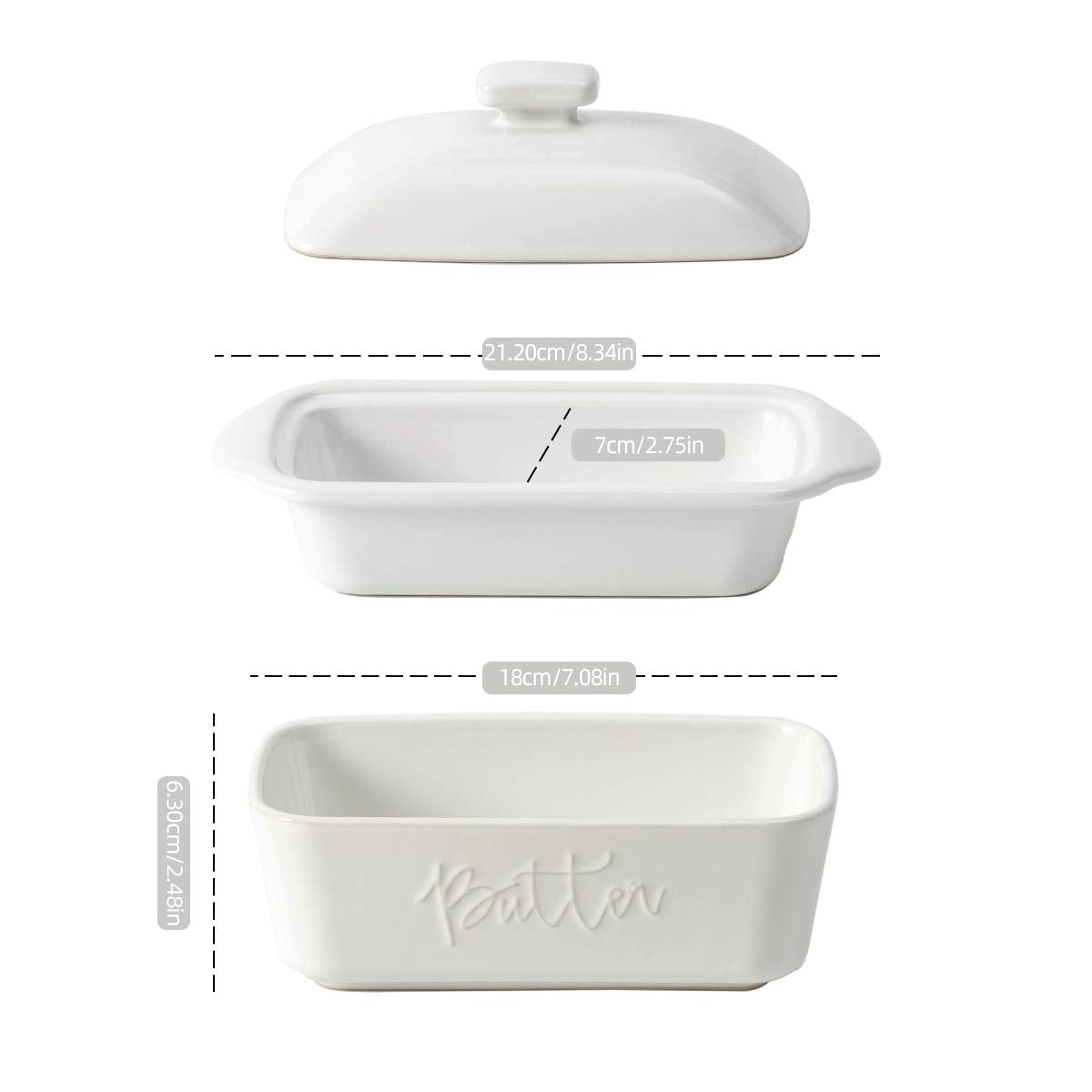 FE Butter Dish  10 oz Ceramic Butter Keeper with Water Line  French Butter Dish with Lid for Countertop (White)
