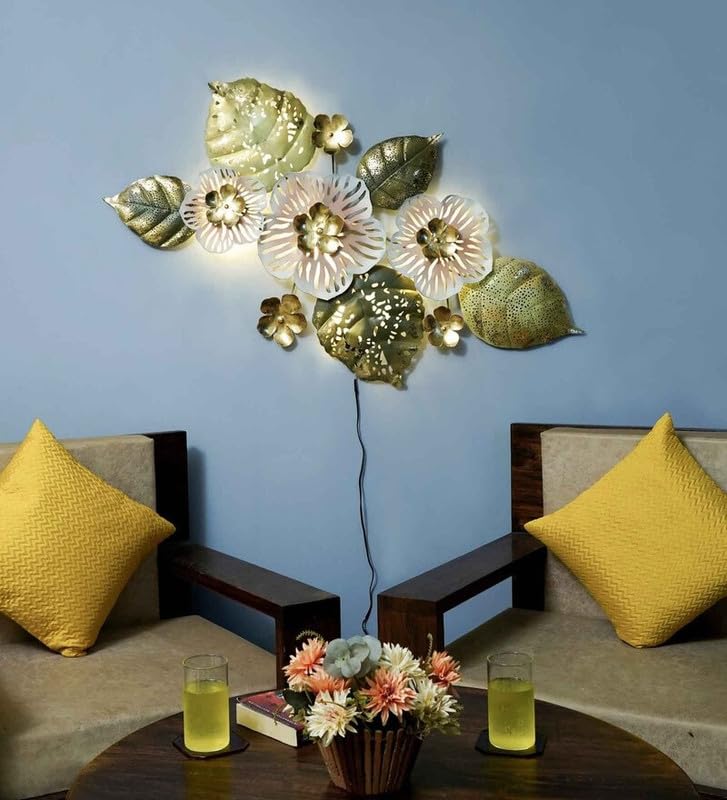 Bharat Art Metal White Flower Wall Art With Led Light For Living Room | Handcrafted Iron Flower Wall Hanging Home Decoration For