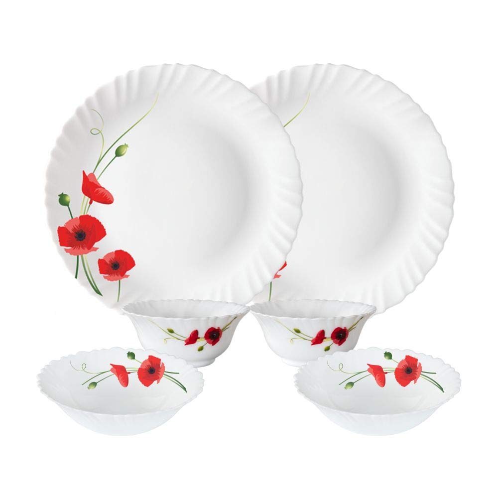 Larah By Borosil Fluted Series Red Carnation Opalware Dinner Set | 6 Piece For Family Of 2 | Microwave & Dishwasher Safe | Bone