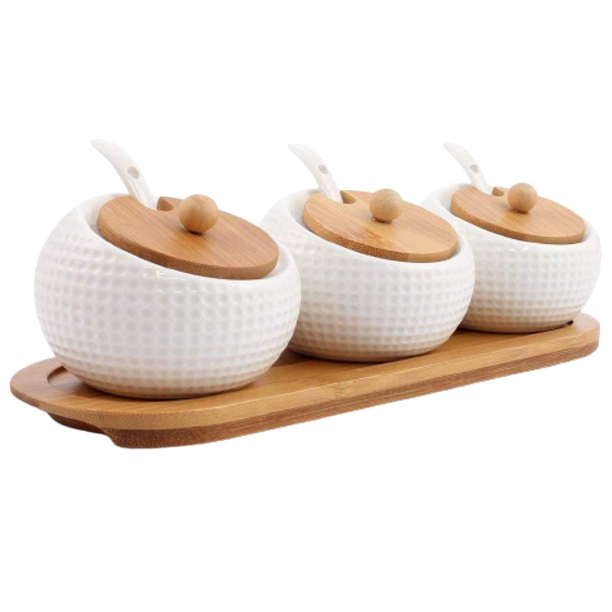 Kolorful Porcelain Condiment Jar Spice Container With Lids Ceramic Serving Spoon Wooden Tray Spice Jars For Sugar,Salt,Coffee,Sp