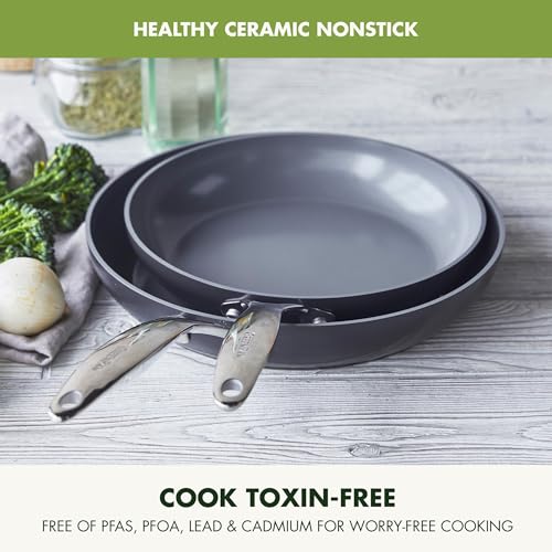GreenPan Valencia Pro Hard Anodized Healthy Ceramic Nonstick 8'' and 10'' Frying Pan Skillet Set  PFAS-Free  Induction  Dishwasher Safe  Oven Safe  Gray