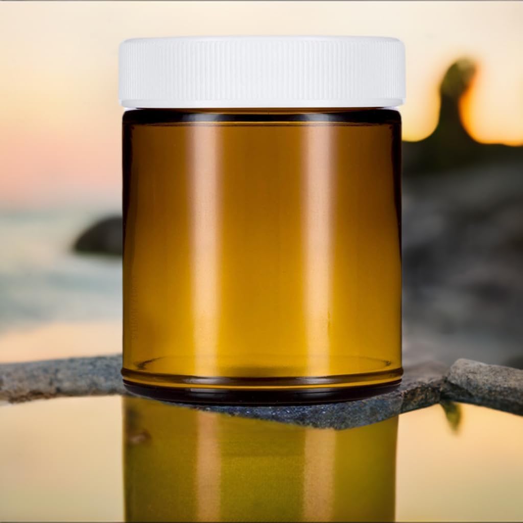9 Oz Amber Glass Jar With White Ribbed Lid (4 Pack) + Label