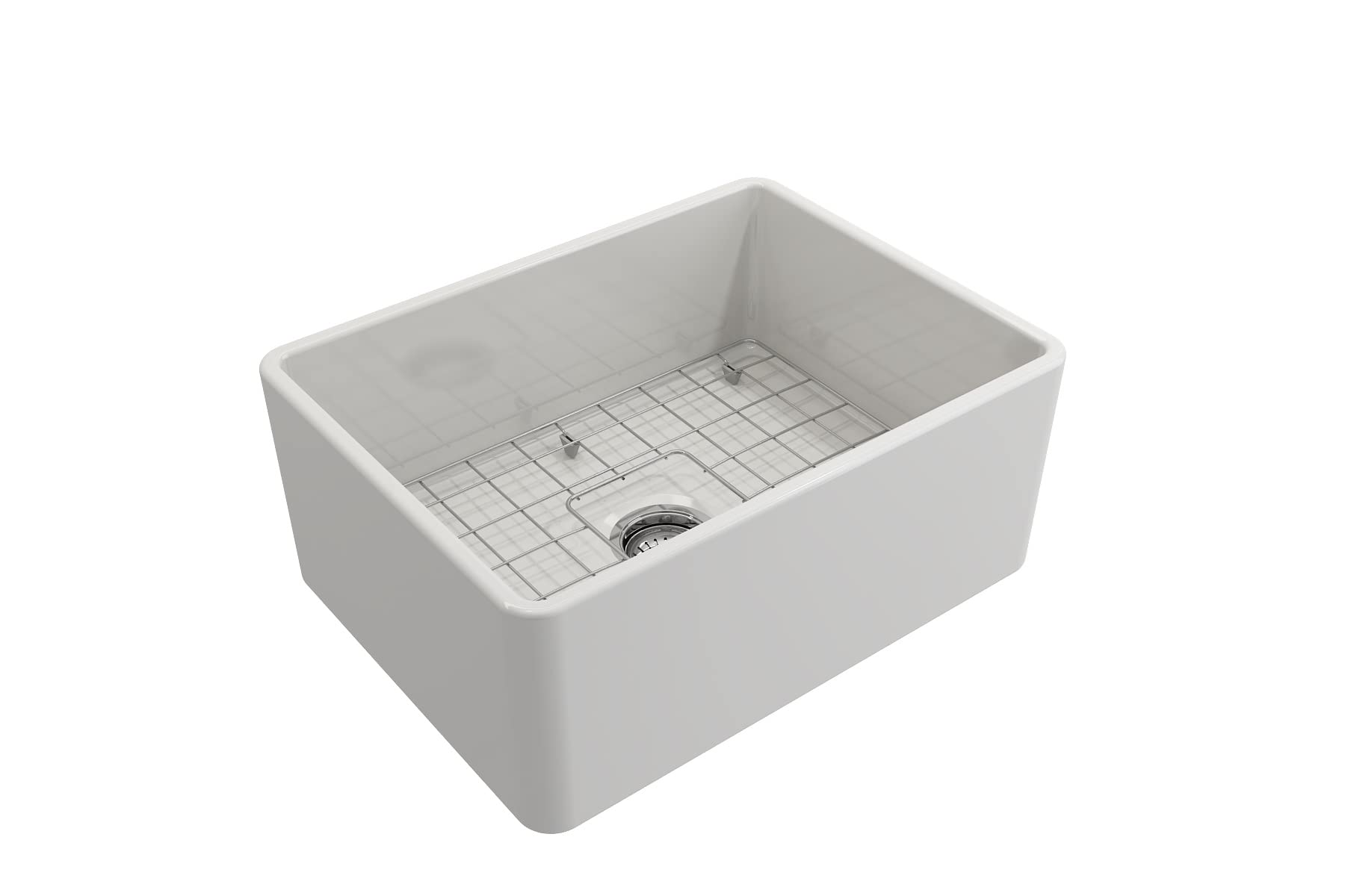 Bocchi Classico White Apron Front Fireclay 24 In. Single Bowl Kitchen Sink With Protective Bottom Grid, Strainer, And Chrome Fau