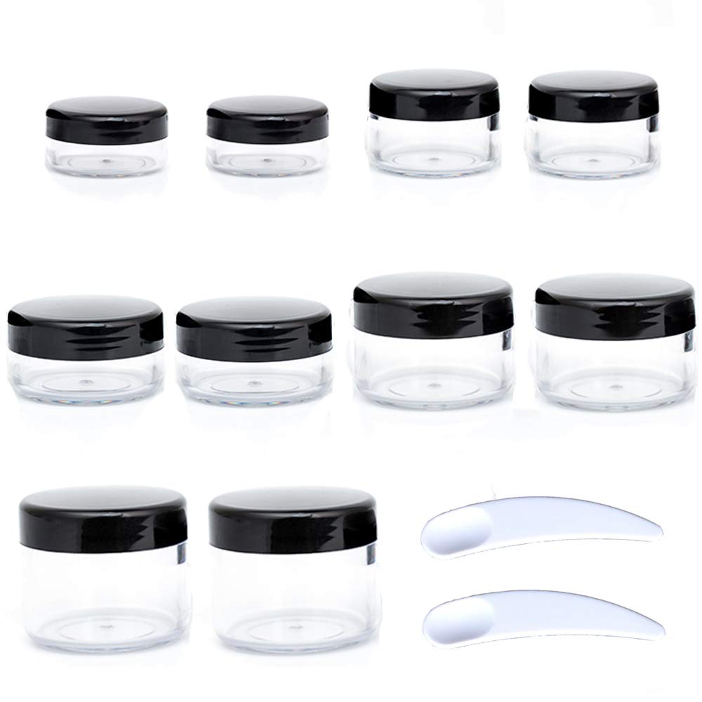 Zejia 10Pcs Small Travel Containers, Black Sample Containers With Screw Lids, 5 Size 3/5/10/15/20 Gram Sample Jars With 12Pcs La