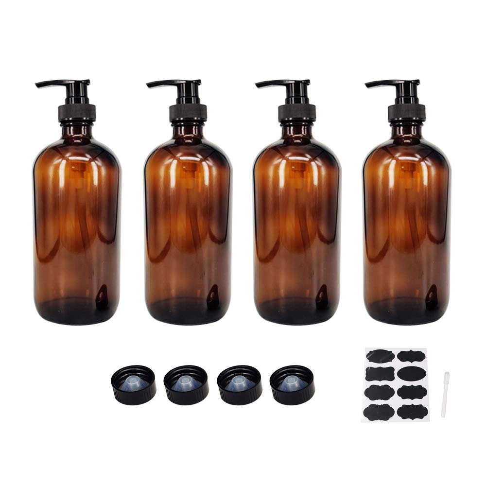 Bpfy 4 Pack 16 Oz Amber Glass Bottles With Pumps For Shampoo, Essential Oils, Cleaning Products, Lotions, Aromatherapy Oil, Pump