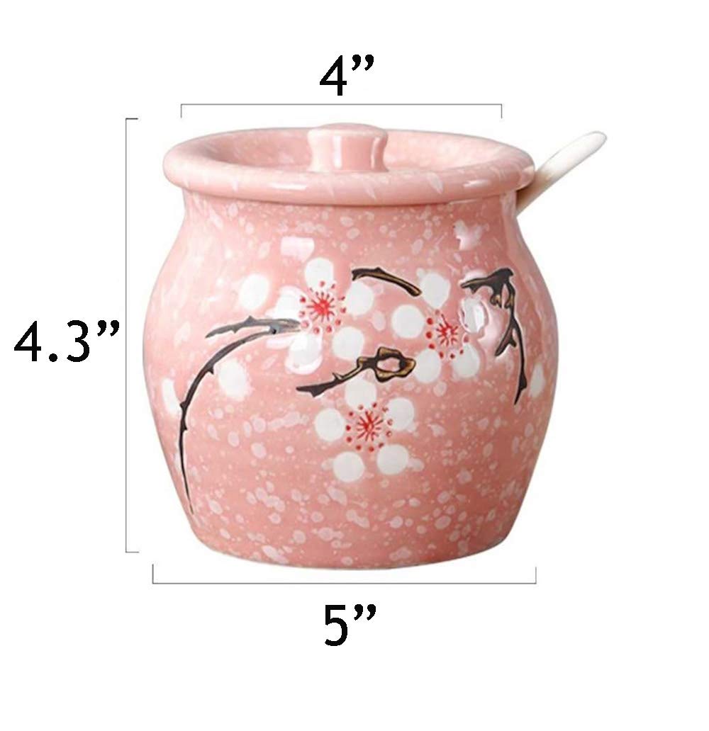 Ceramics Japanese Flower Sugar Bowl Seasoning Pot Salt Storage Jar With Lid Spoon