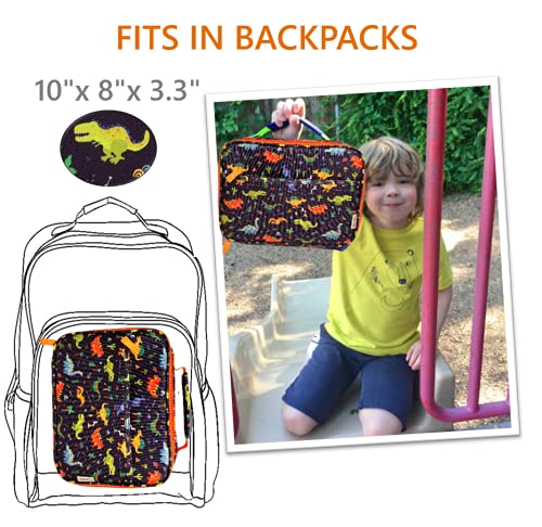 Lunch Bag with Water Bottle and Ice Pack Set  Boys Lunch-Box Set for Toddler Daycare or Pre-School  Kids Container for Lunches  Blue Orange Dinosaur