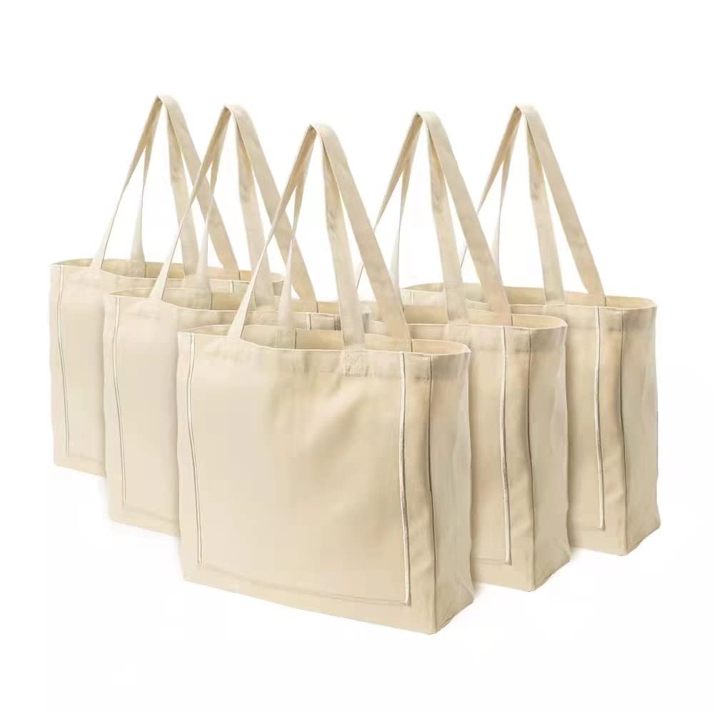 Azuca Reusable Grocery Shopping Cloth Bags (5 Pack) Super Strong Large 12Oz 100% Cotton Fashionable Embroidery Canvas Tote Bag,