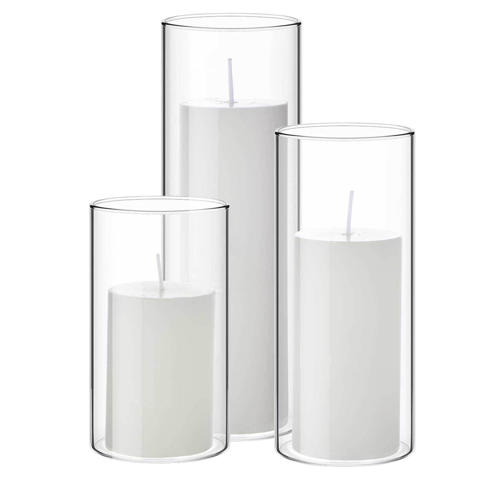 Shihanee Set of 3 White Pillar Candles and 3 Glass Cylinder Candle Holders for Slim Candles Wedding Halloween Thanksgiving Day C