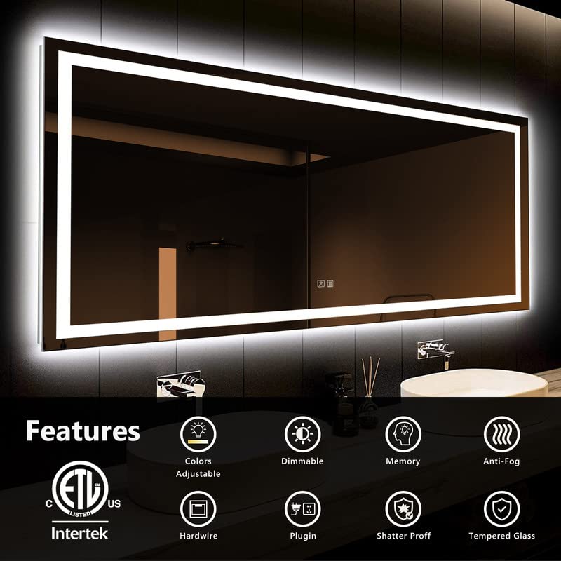 Roomtec 55 X 36 Inches Led Bathroom Mirror With Front And Backlit,Anti-Fog,3 Colors And Dimmable Light(Horizontal/Vertical), Sil