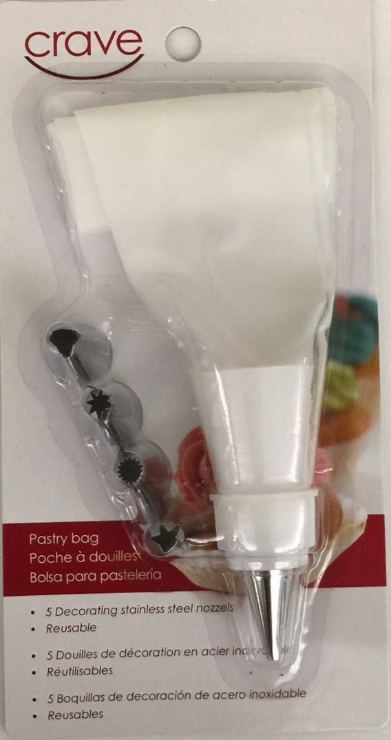 Crave Pastry Bag With Five Different Stainless Steel Nozzles For Precision, Colors Vary, 1-Pack