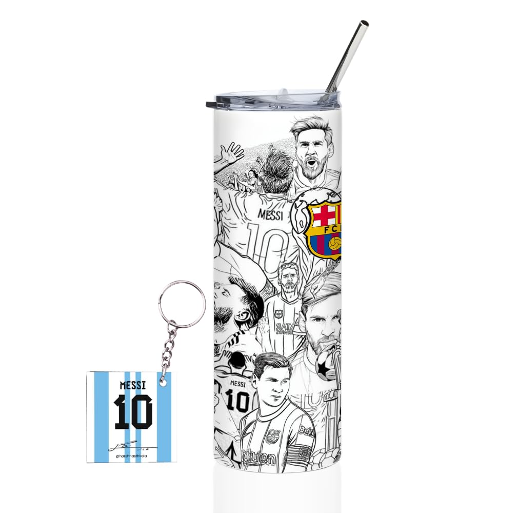Harshhasthkala Footbal Inspired Stainless Steel 600Ml Tumbler With Stainless Steel Straw And Transparent Lid|SketchStyle Design