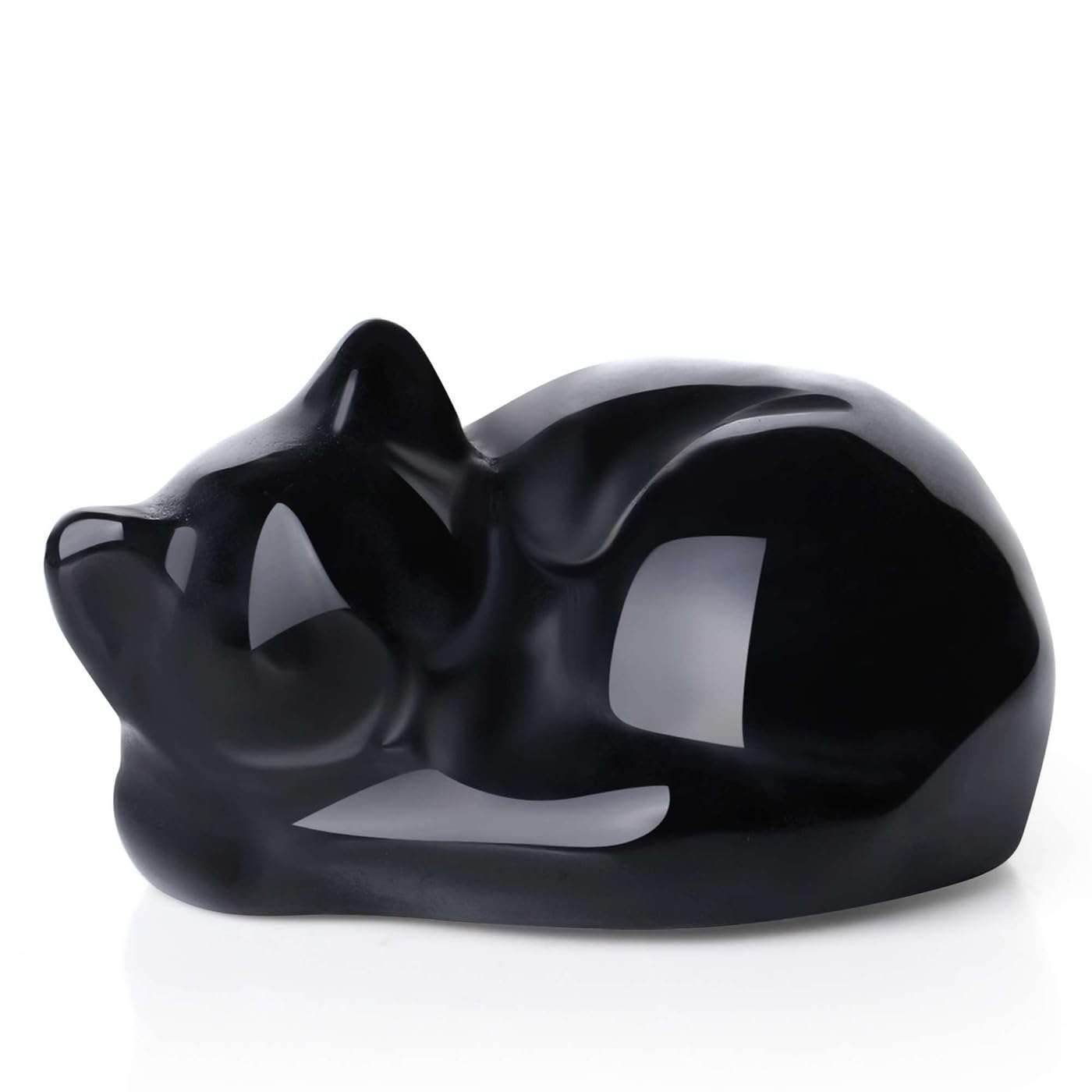 LAIDANLA Black Obsidian Sleeping Cat Statue Healing Crystals Hand Carved Cute Kitten Figurine Sculpture 1.6 Glossy Gemstone Deco