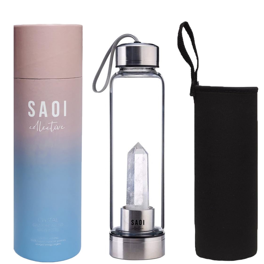 SAOI Crystal Water Bottle - Clear Quartz - Natural Wellness Healing - Glass/Stainless Steel