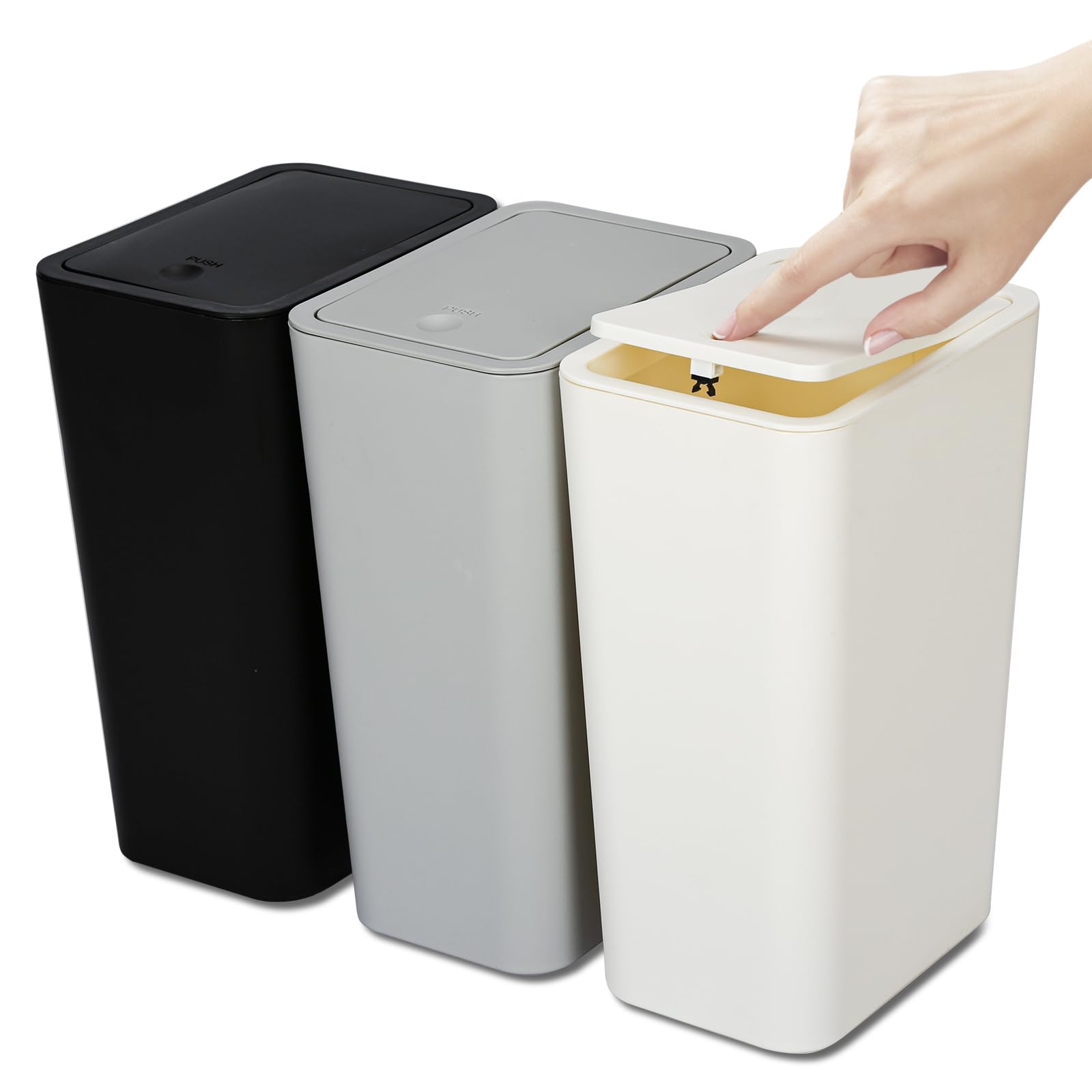 N. Netdot 3 Pack 10L/2.6 Gal Bathroom Trash Can With Lid, Bathroom Trash Bin With Press Lid, Small Trash Can/Slim Garbage Cans/W