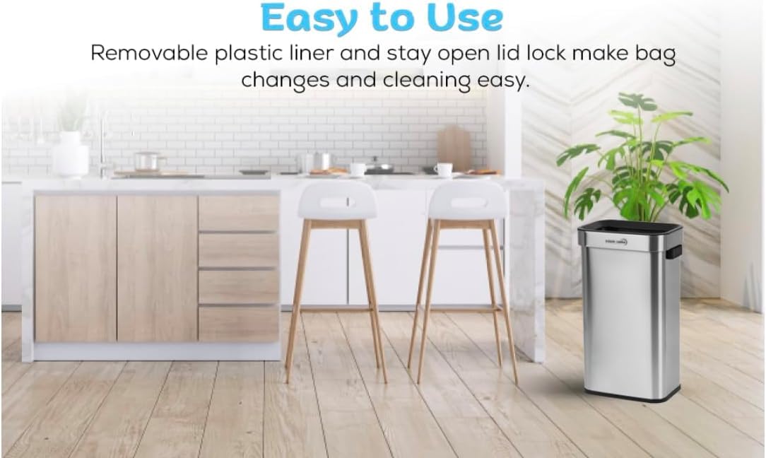 Simpli-Magic 70 Liter / 18.5 Gallon Open Top Trash Can With Stainless Steel, Sleek Finish, Rectangle