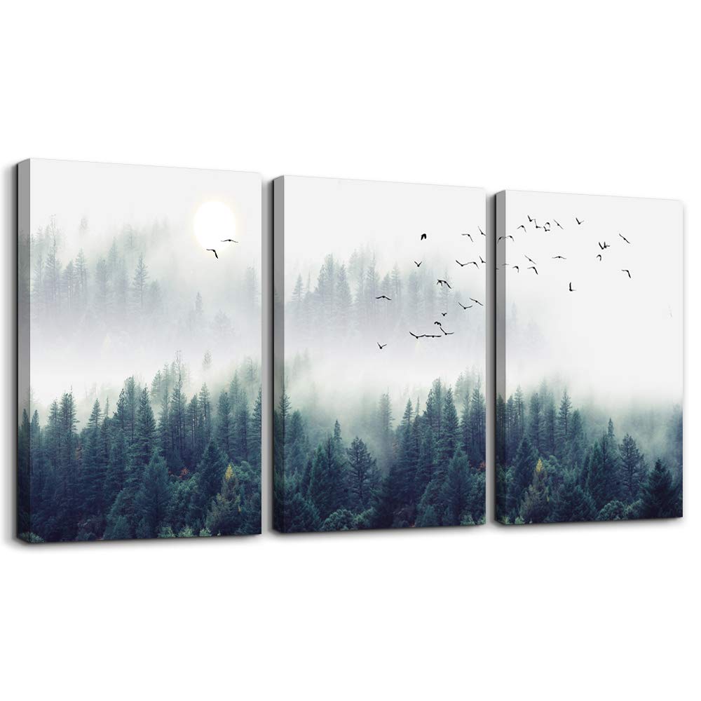 3 Piece Canvas Wall Art For Living Room- Wall Decorations For Bedroom Foggy Forest Trees Landscape Painting- Modern Home Decor S