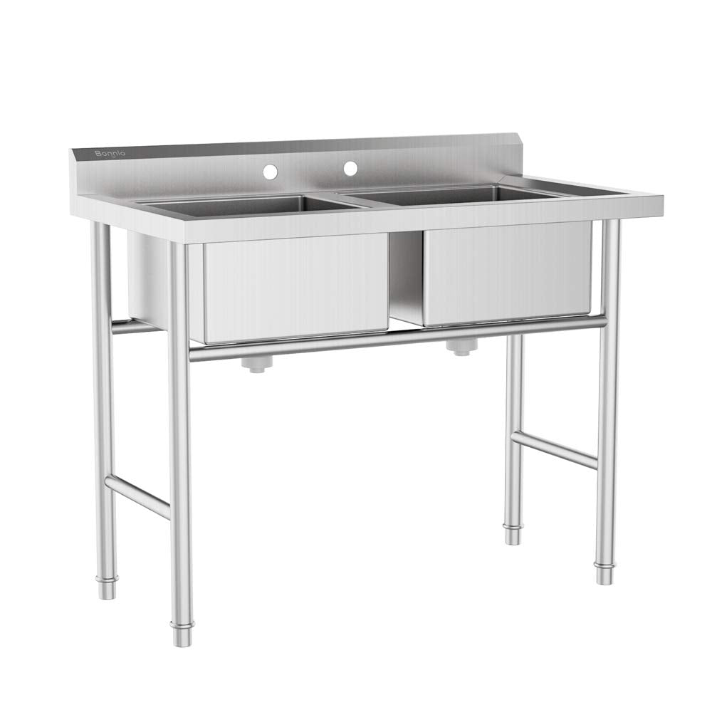 Bonnlo Commercial 304 Stainless Steel Sink 2 Compartment Free Standing Utility Sink For Garage, Restaurant, Kitchen, Laundry Roo