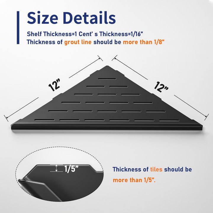 Bernkot Corner Shower Shelf, 12'' Matte Black 304 Stainless Steel Slot Design Recessed Corner Shelves 2 Pack Bathroom Shelf Rack