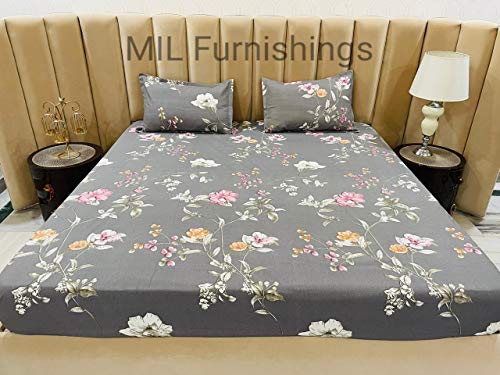 Mil Furnishings Cotton Blend 160Tc Floral King Bedsheet With Pillow Covers (Grey)