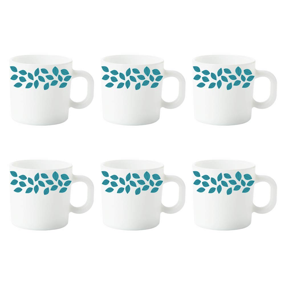 Larah By Borosil Leaves Opalware Mug Set (White, Blue) - 6-Pieces
