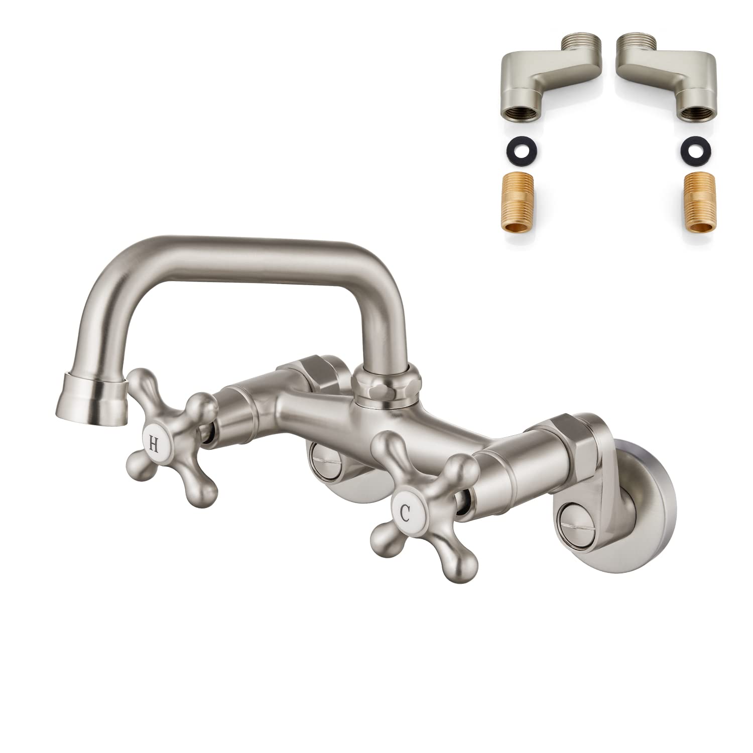 Airuida Wall Mounted Faucet Kitchen Brushed Nickel 6 Inch(15Cm) Spout Reach Adjustable Center Double Cross Handles 3 Inch To 9 I