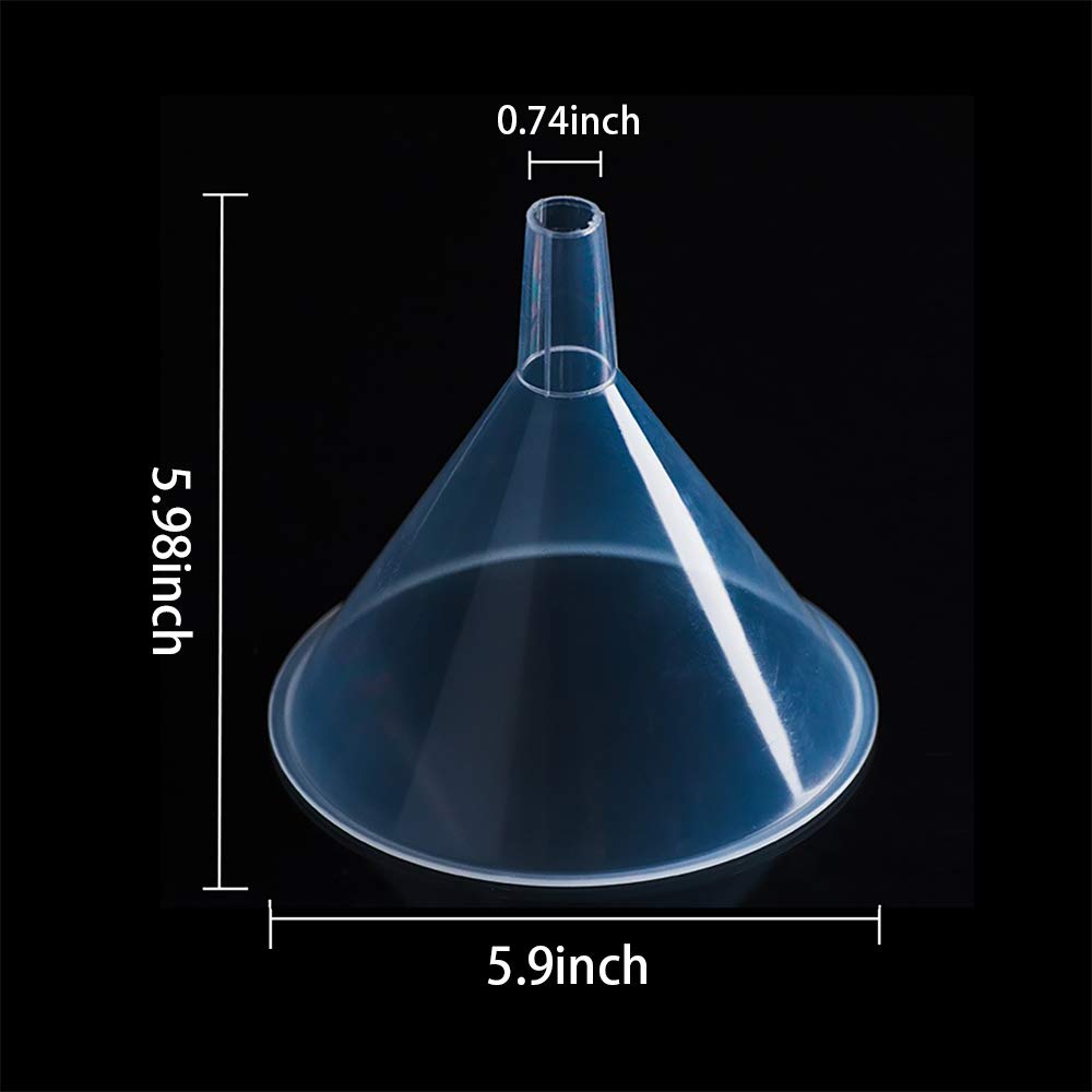 DEDC 4 Pack Clear Plastic Filter Funnel  Oil Funnels  Small Funnel for Filling Bottles  Liquid Transfer Funnel for Kitchen  Laboratory  Garage  Car  5.9 inch Dia Mouth