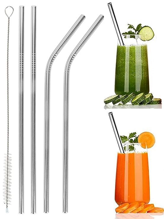 Lsari Reusable Stainless Steel Straws  Pack Of 5 (2 Straight & 2 Bent) With 1 Brush