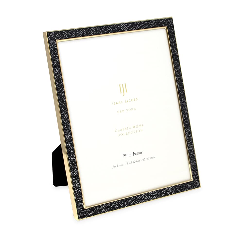 Isaac Jacobs 8x10 Black Leather with Gold Metal (Vertical & Horizontal) Picture Frame, Shagreen Border w/Black Fabric Easel, Wal