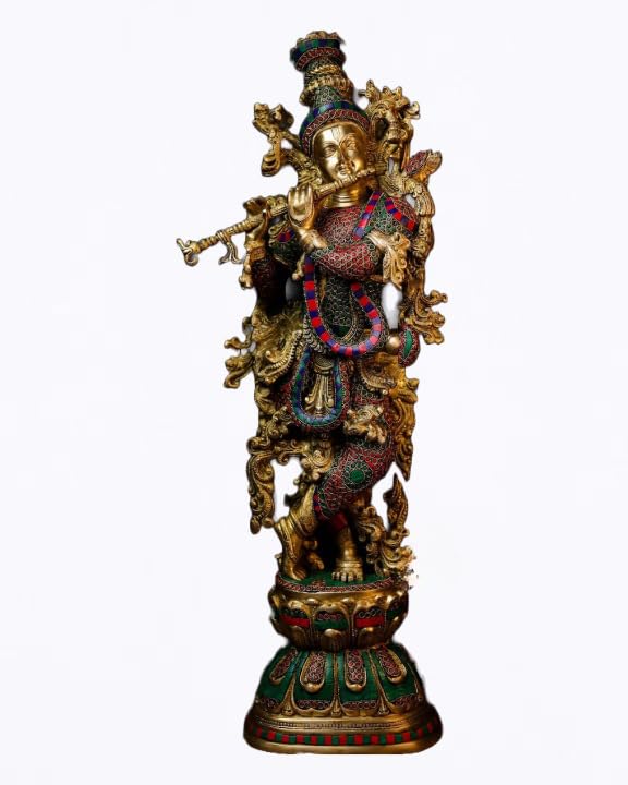 Rugdoll Krishna Brass Statue Of Figurines With Stonework 30 Inch Figurines Big Brass Idol Flute Krishna | Colourful With Stone W