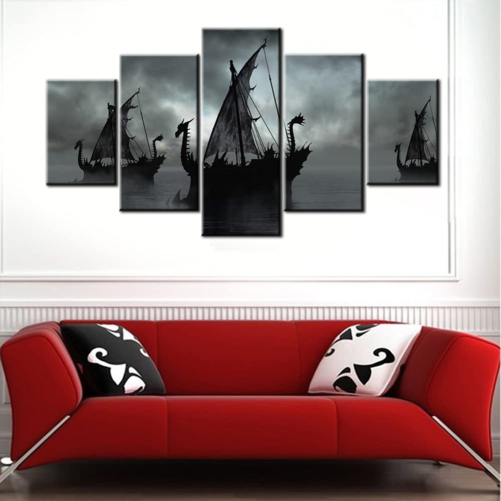 Norse Decor Black And White Painting Vikings Ship Artwork Fantasy Sailing Boat Pictures For Living Room Home 5 Panel Dragon Canv