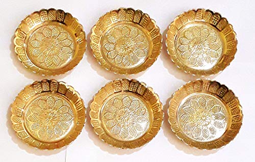 S.S TRADERS Small Size Pure Yellow Brass Plate for Puja/Diwali/Bhog Thali with Beautiful Flower Embossed Design (Size 3.6 inch) 