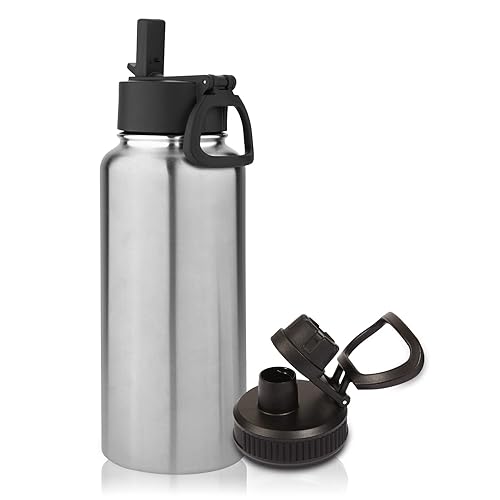 Volhoply 32 oz Insulated Water Bottle with Straw Lid and Spout Lid Stainless Steel Sports Water Bottle Double Wall Vacuum Thermos Leakproof Metal Flask with Wide Mouth for Hiking Camping(Silver 1)