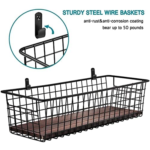 Sheechung 2 Set [Extra Large] Portable Metal Farmhouse Wall Decor Storage Organizer Basket Bin With Handles & Floating Shelves F