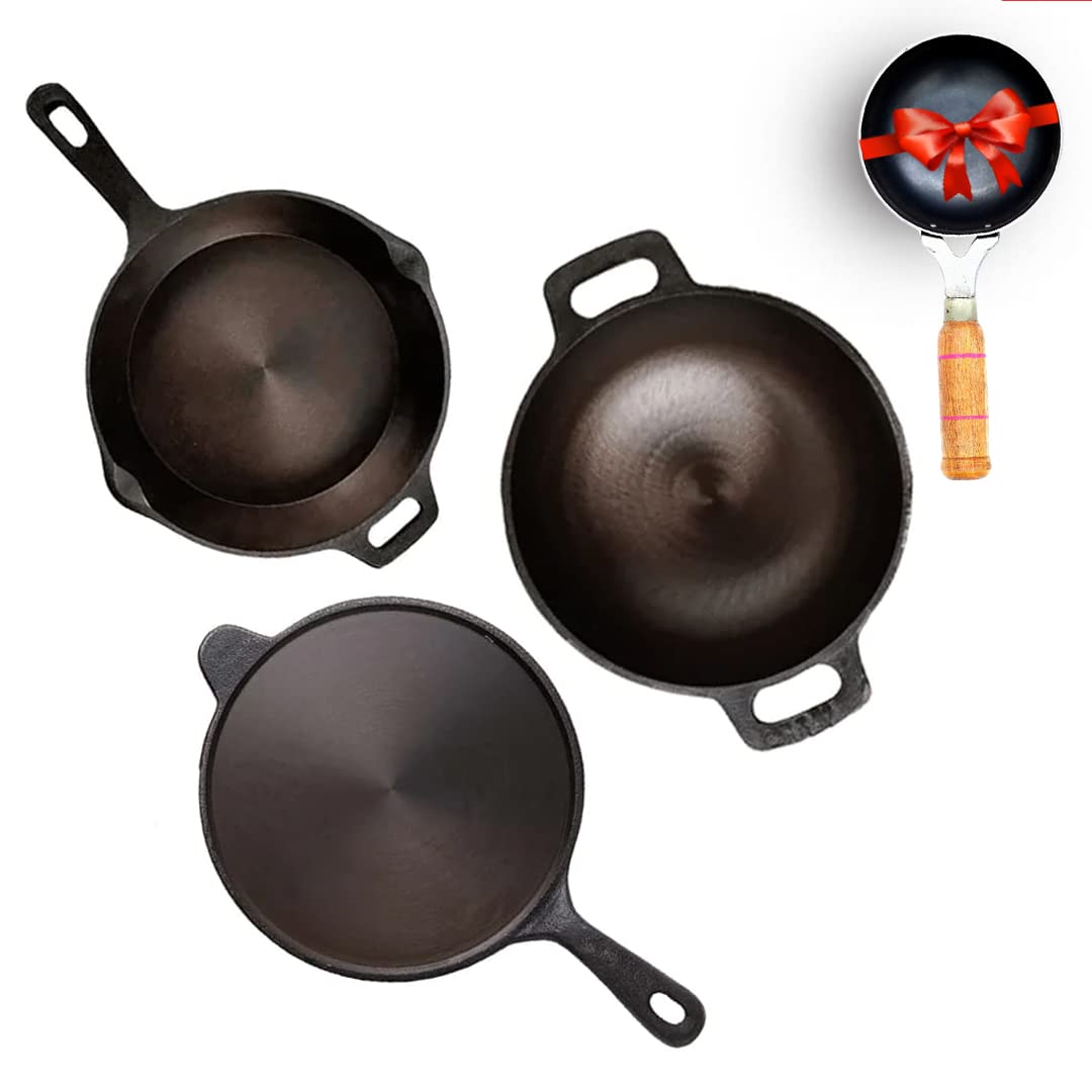 The Indus Valley Super Smooth Cast Iron Cookware Set+ Free Iron Tadka Pan|Tawa(26.3Cm)+Kadai(25.4Cm/2L)+Fry Pan(25.4Cm/1.7L)|Kit