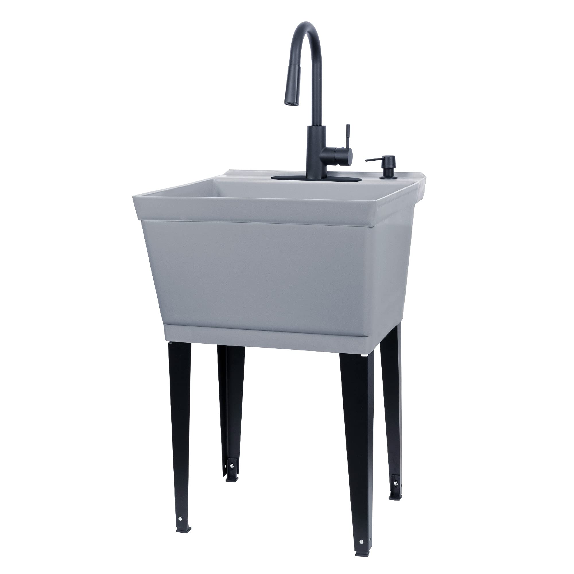 Grey Utility Sink Laundry Tub With High Arc Black Faucet By Vetta - Pull Down Sprayer Spout, Heavy Duty Slop Sinks For Washing R