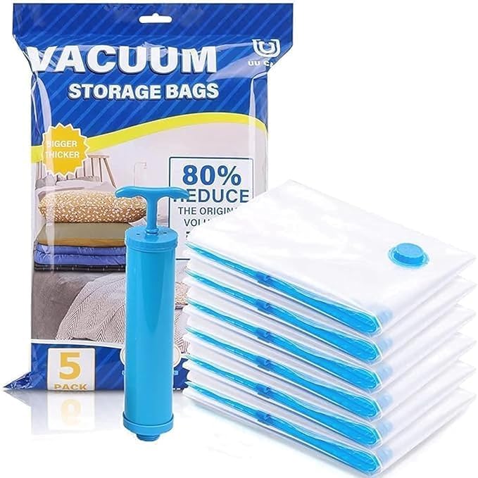 Rimeet Travel Space Saver Storage Bags Set With Hand Pump, 5 Pack Reusable Vacuum Compression Bags, Airtight Ziplock For Clothes