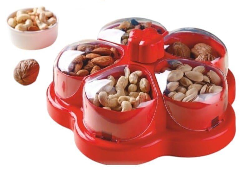 Utensilbay Flower Shape Dry Fruit Box  5 Compartment Table Top Snack Organizer With Lid, Plastic Festival Gifting Dry Fruit Con