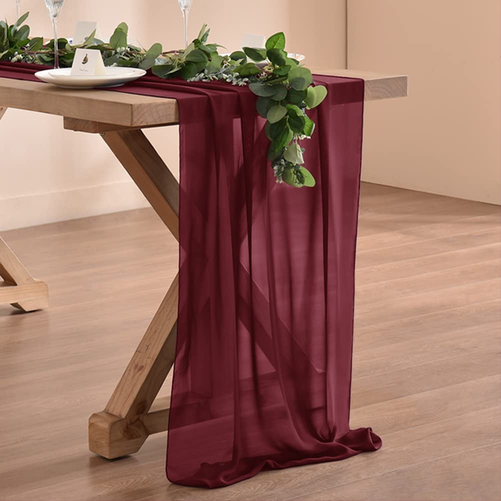 Socomi 14Ft Burgundy Chiffon Table Runner 29X170 Inches Sheer Wedding Runner Romantic Rustic Table Runner For Easter Thanksgivin