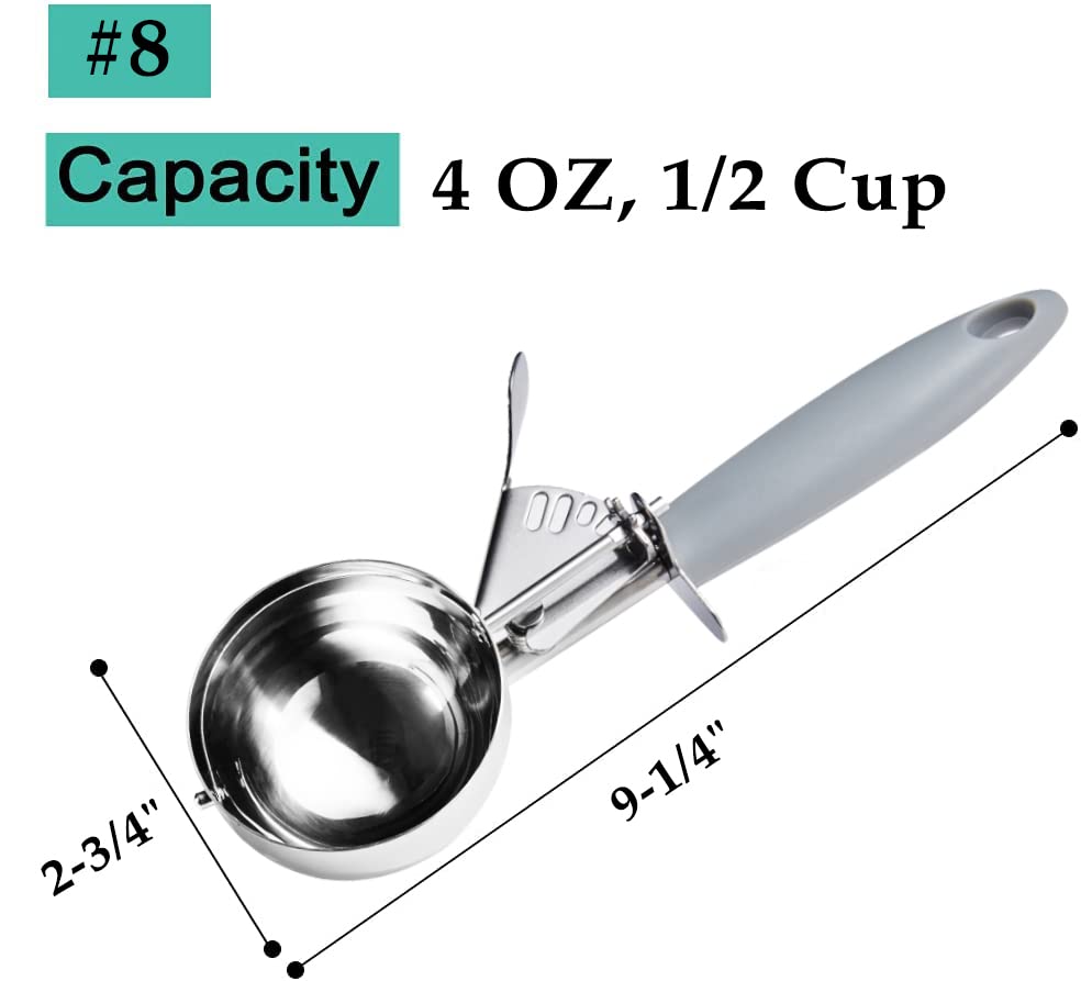 Junadael J Portion Scoop, 4 Oz Scooper, 8 Disher Scoop, 8 Tbsp Cupcake Scoop, Grey Handle, For Portion Control, Cookie Dough, Cu