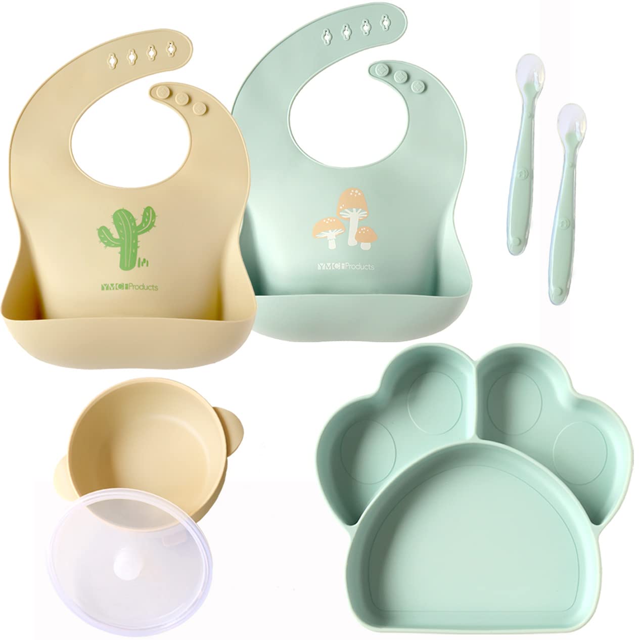 YMCF Products Baby or Toddler Feeding Set | Silicone Bib, Divided Plates, Suction Bowls & Spoons, Dishwasher-Safe, Easy-Wipe Cle