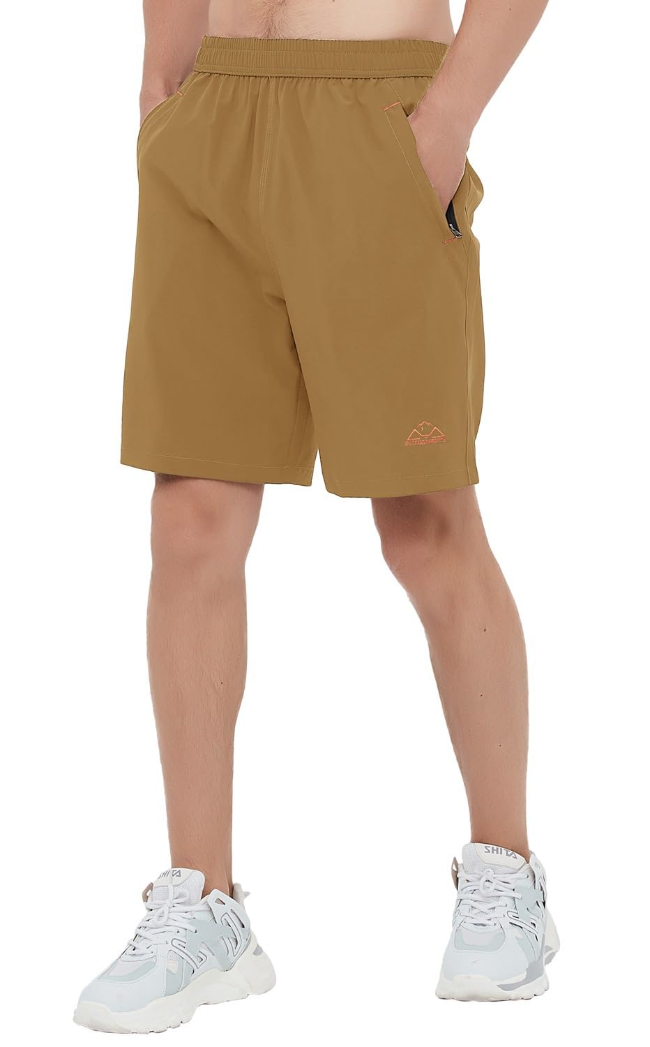 Rdruko Mens Quick Dry Sports Shorts Lightweight Running Outdoor 7 Inch Active Shorts With Zipper Pockets(Khaki, Us M)
