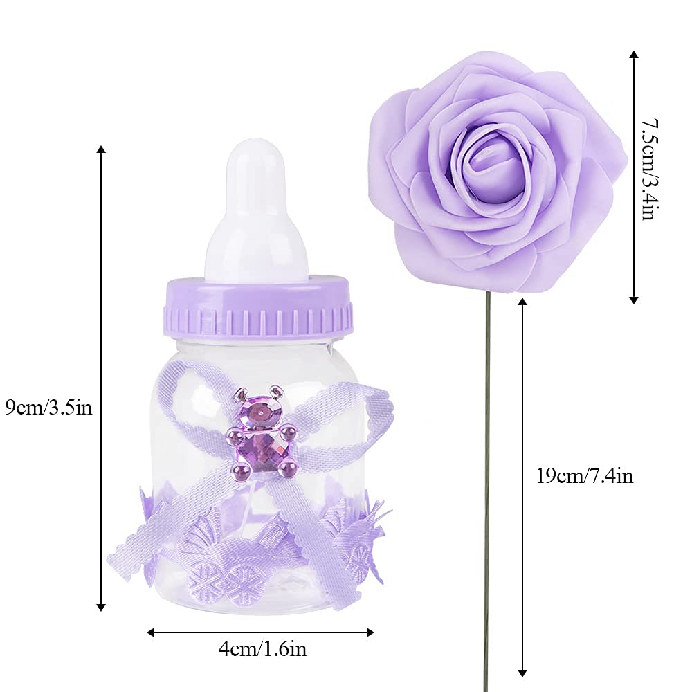 Macting 2 Dozens 35 Inch Feeding Bottle Candy Box With 5Pcs Artificial Flower Rose For Baby Shower Favor Gift Decoration (Purple