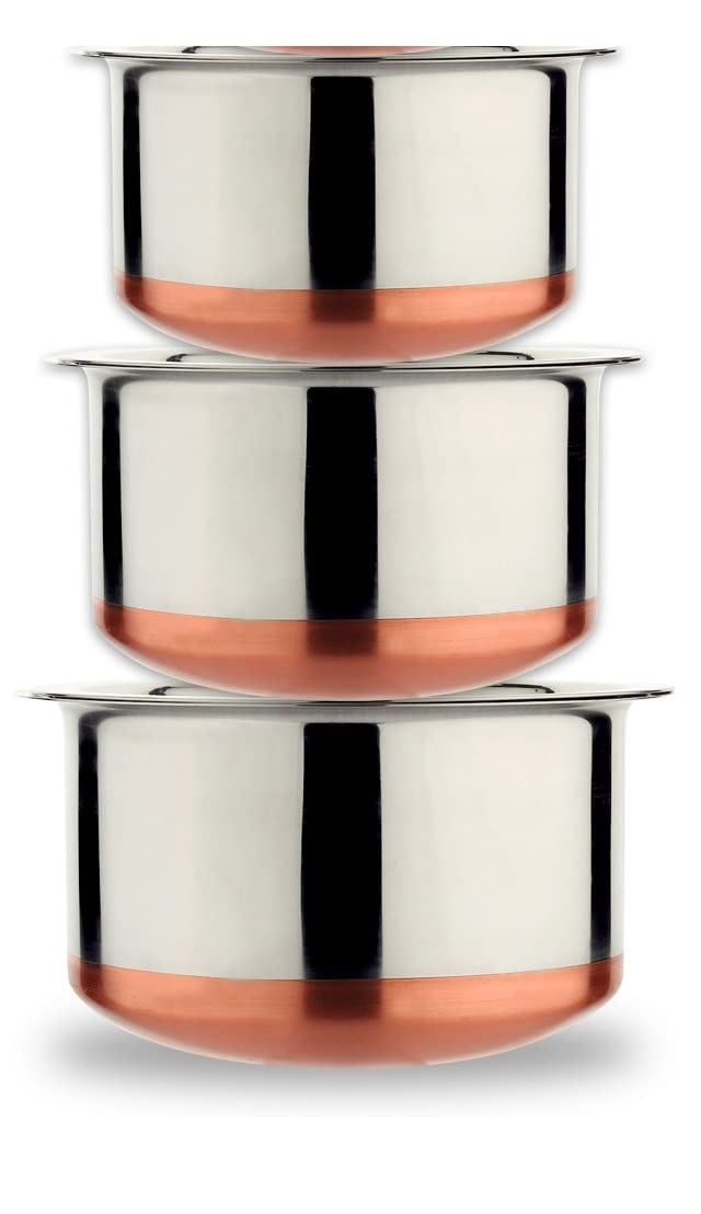 Limetro Steel 22 Gauge Multi-Purpose Cook And Serve Use Tope Set With Lid (Copper Base, Set Of 3)