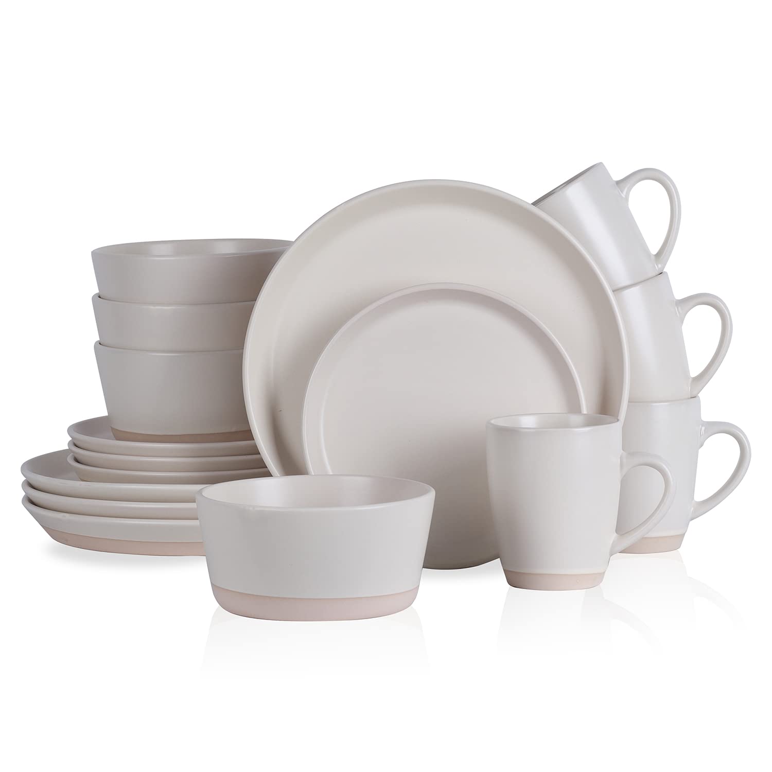 Stone Lain Jules Stoneware Dinnerware, Plates and Bowls, Dish Set for 4, Off White, Microwave & Dishwasher Safe, 16-Piece