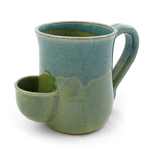 Tea Mug  HandSculpted Stoneware with Tea Bag Holder, 16 oz, Blue/Green