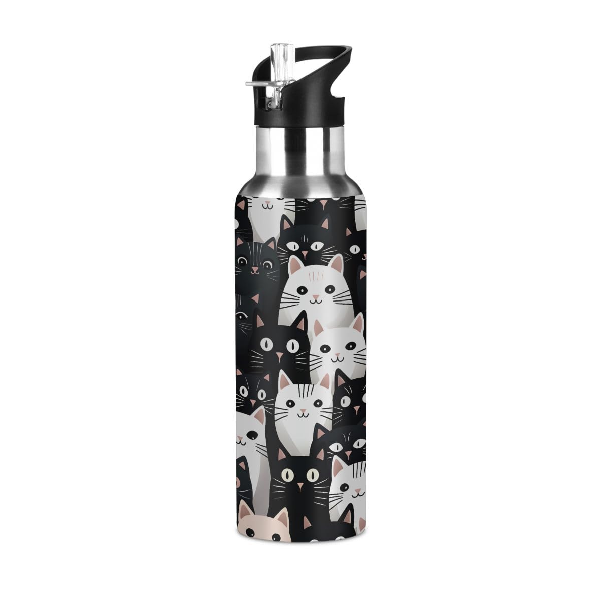 DJYQBFA Black White Cat 20 oz Insulated Water Bottle with Straw Lid Stainless Steel Kids Water Bottles Leakproof Travel Cup Bott
