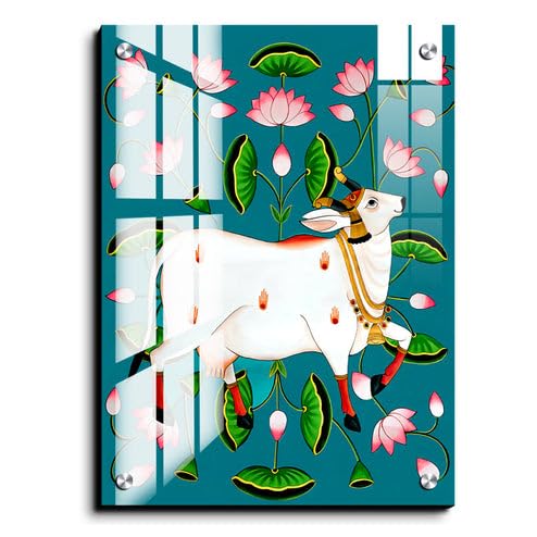 Chalk My Theme Sacred Cow Pichwai Wood Print Wall Art Blue Home Decor, Living Room, Bedroom, Cafe, Room Painting For Wall Decora